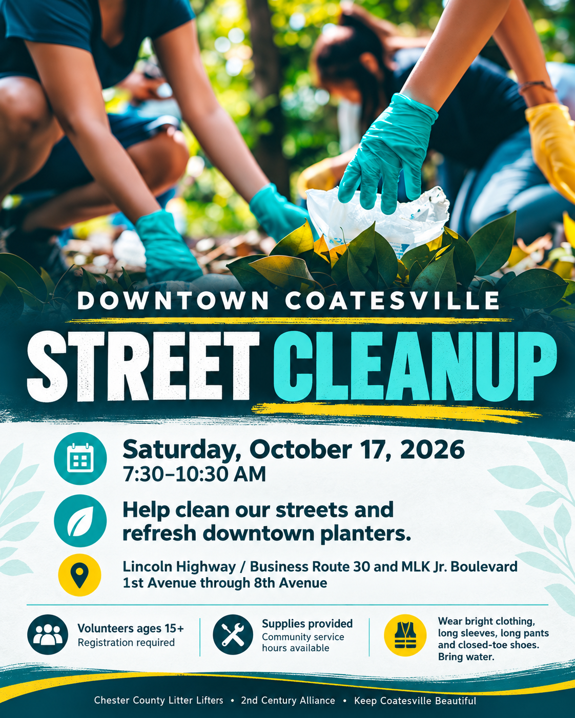 Downtown Coatesville Cleanup flyer for October 17, 2026, 7:30–10:30 AM, with volunteer registration and preparation details.