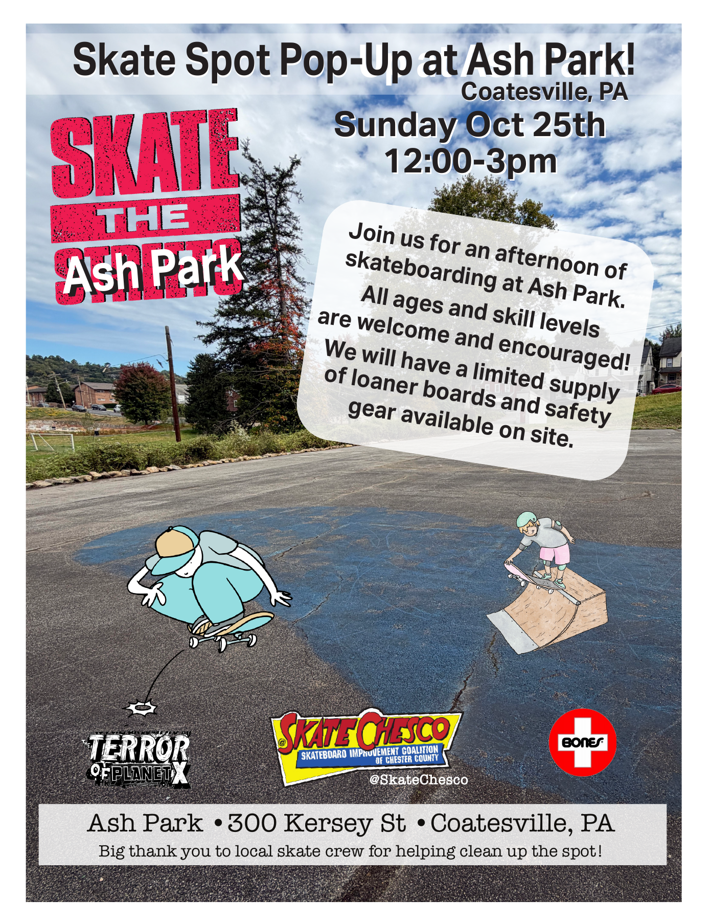 Skate the Rink event flyer with location, time and loaner gear details.